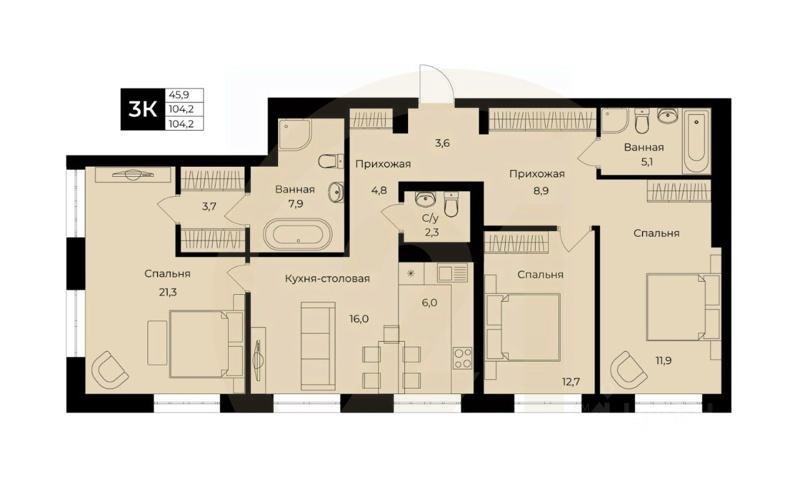 1-комн. квартира, 104,2 м²в ЖК «Ленинские высотки»