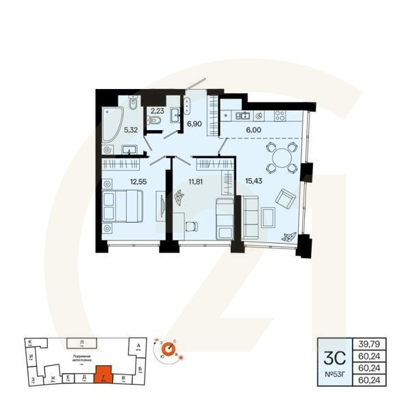 3-комн. квартира, 60,24 м²в ЖК «Первый остров»