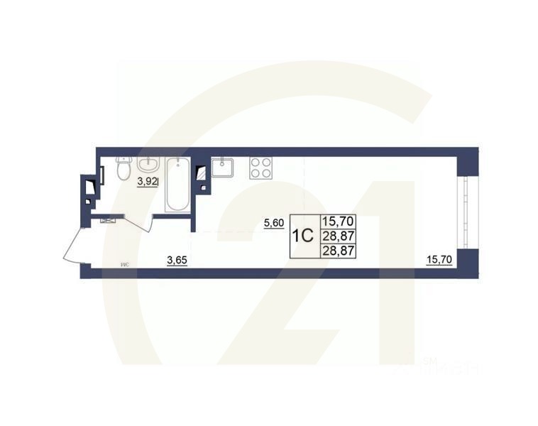 1-комн, 28,74 м²в ЖК «Космос»