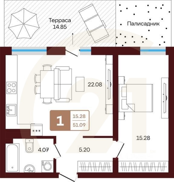 1-комн, 51,09 м²в ЖК «ЯРАТАУ»