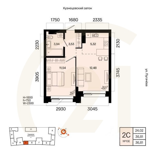 2-комн. квартира, 36,81 м²в ЖК «Первый остров»