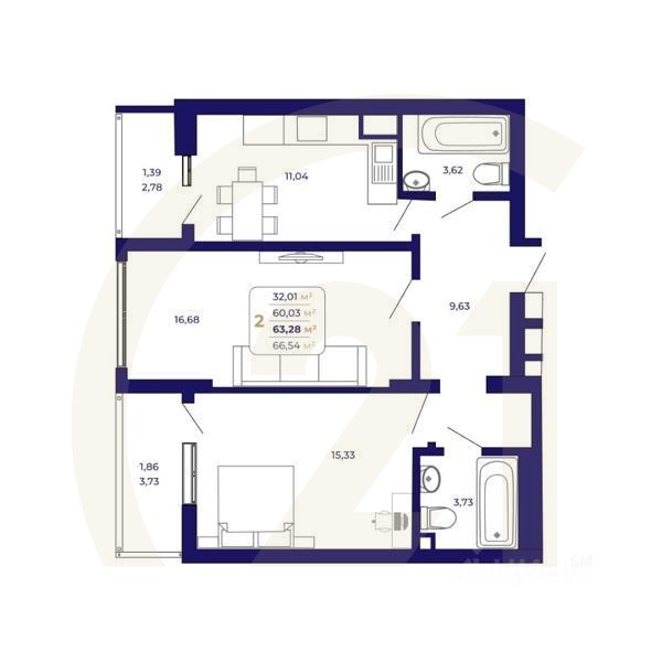 2-комн. квартира, 63,28 м²в ЖК «Паруса»
