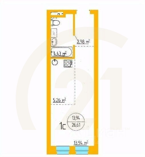 Продаются 1-комн. апартаменты, 26,61 м²в ЖК «Аксаковский»