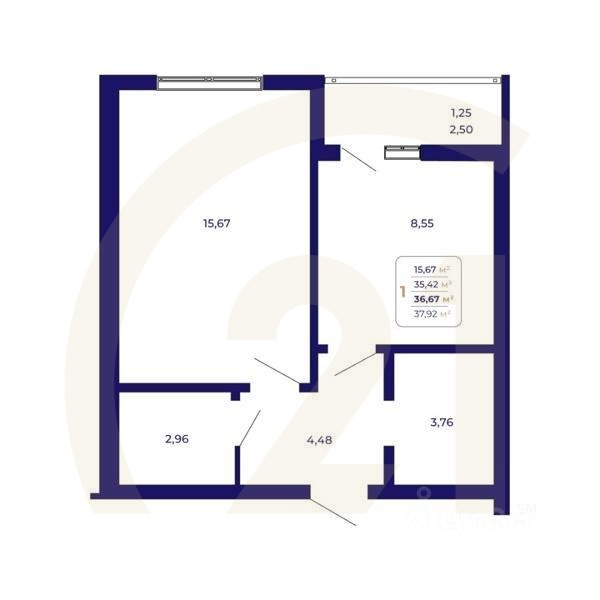 1-комн. квартира, 36,67 м²в ЖК «Паруса»