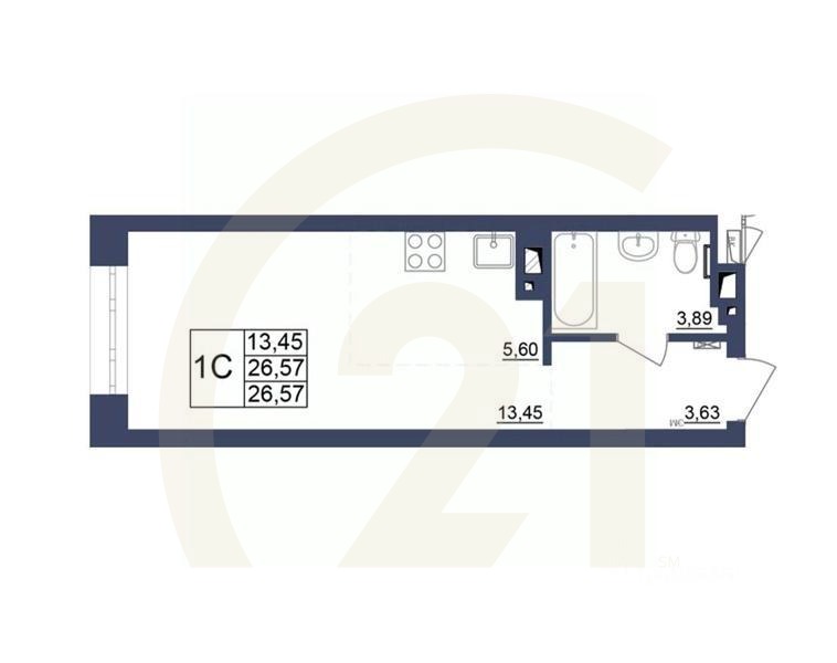 1-комн, 26,44 м²в ЖК «Космос»