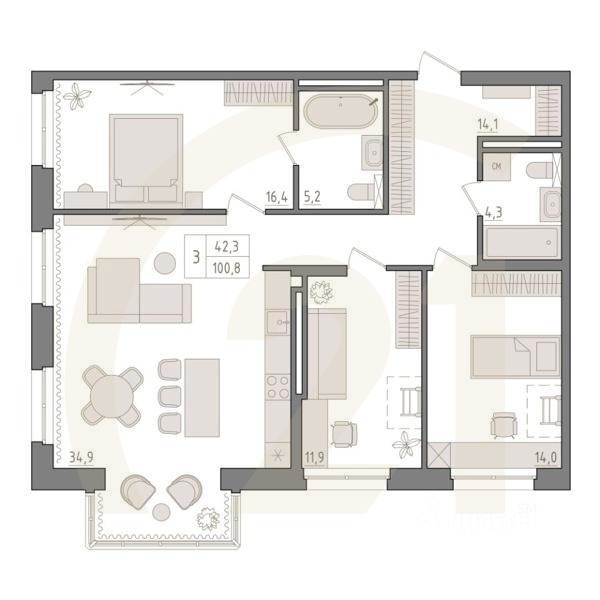 3-комн. квартира, 100,8 м²в ЖК «Новый Империал»