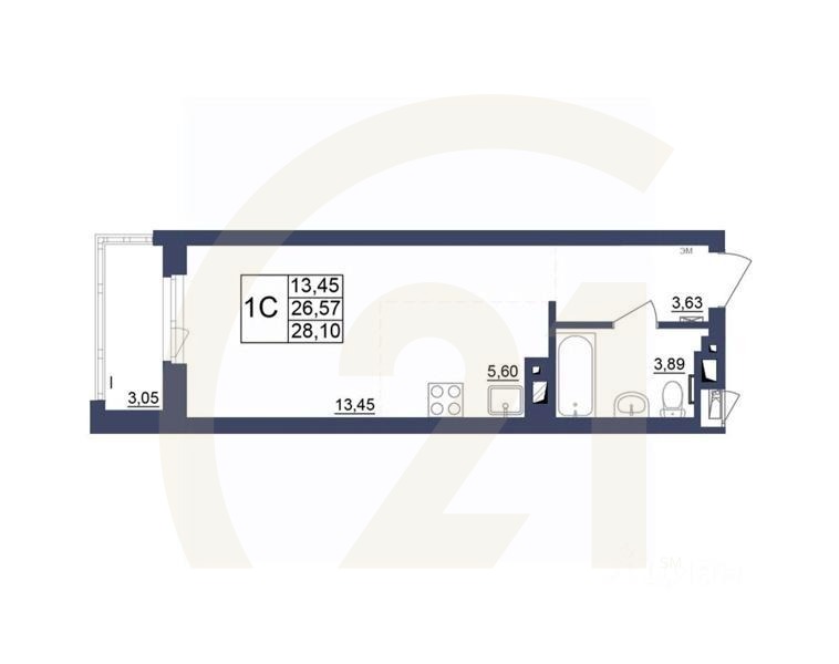 1-комн, 26,97 м²в ЖК «Космос»