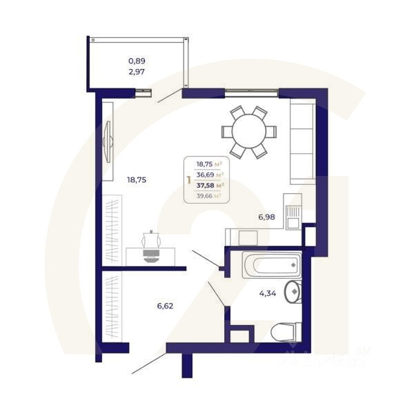 1-комн. квартира, 37,58 м²в ЖК «Паруса»