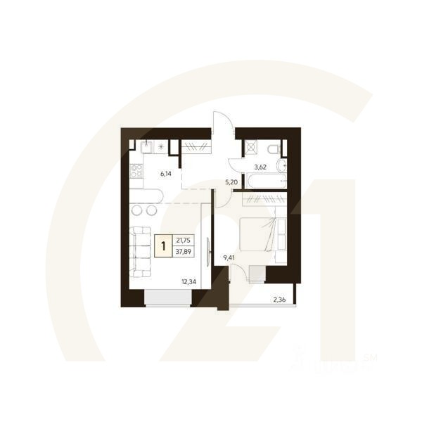 1-комн. квартира, 38,06 м²в ЖК «MATUR»