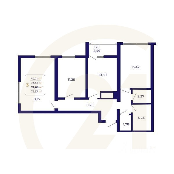 3-комн. квартира, 74,69 м²в ЖК «Паруса»