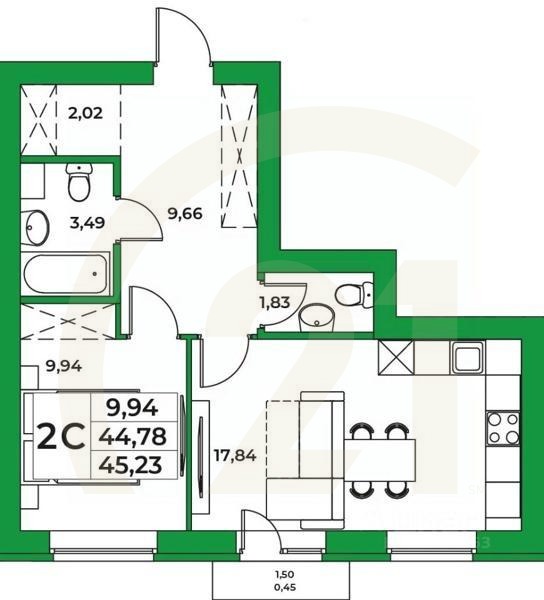 2-комн, 45,23 м²