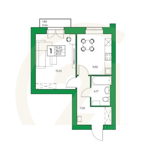 1-комн. квартира, 37,11 м²