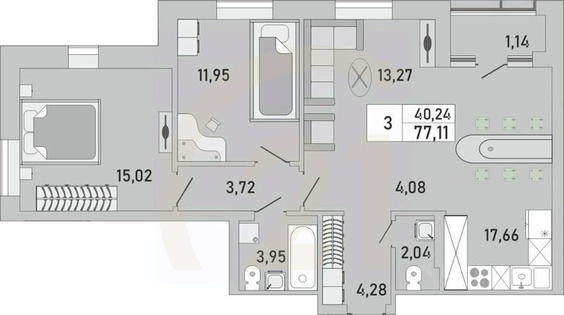 3-комн. квартира, 77,11 м²в ЖК «Платинум»