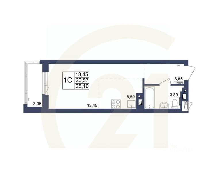 1-комн, 28,1 м²в ЖК «Космос»