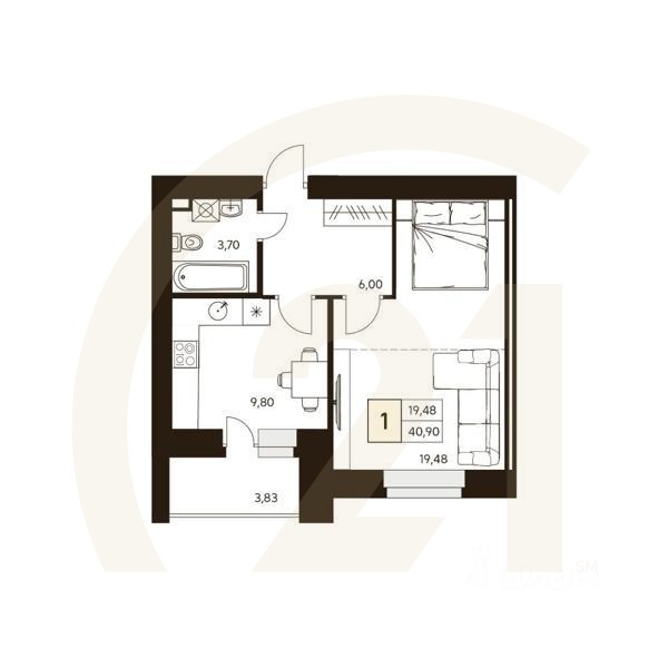 1-комн. квартира, 40,9 м²в ЖК «MATUR»