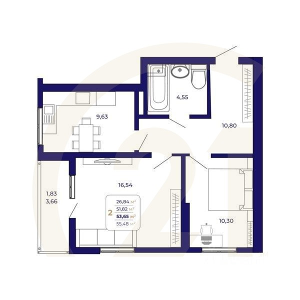 2-комн. квартира, 53,65 м²в ЖК «Паруса»