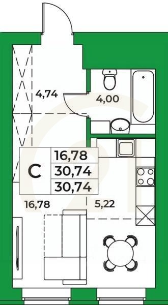 Студия, 30,74 м²