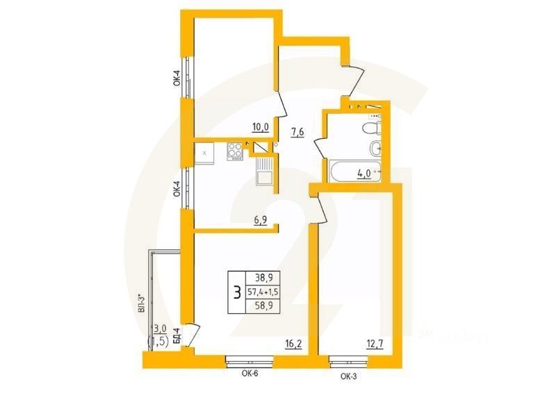 3-комн. квартира, 58,6 м²