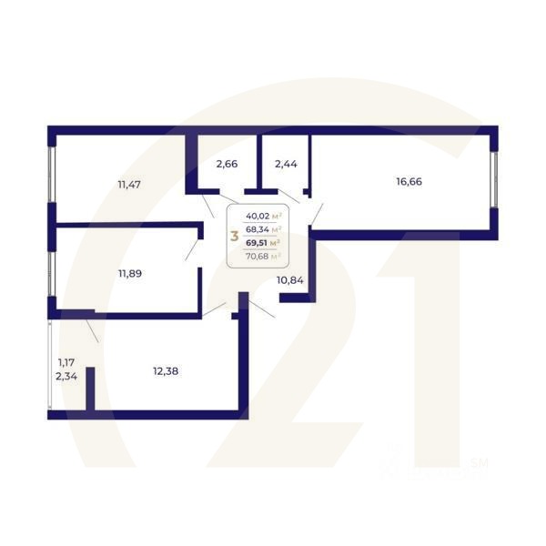 3-комн. квартира, 69,51 м²в ЖК «Паруса»