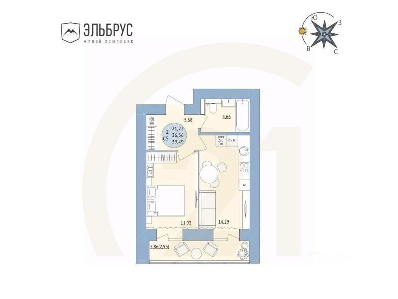 2-комн. квартира, 39,49 м²в ЖК «Эльбрус»