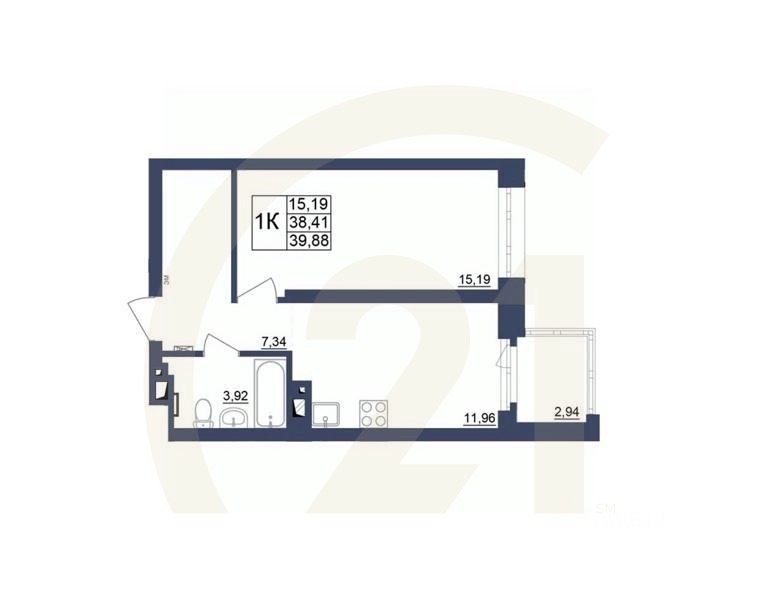 1-комн. квартира, 39,96 м²в ЖК «Космос»