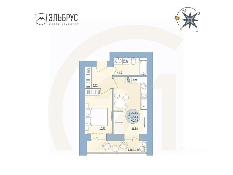 2-комн. квартира, 40,74 м²в ЖК «Эльбрус»