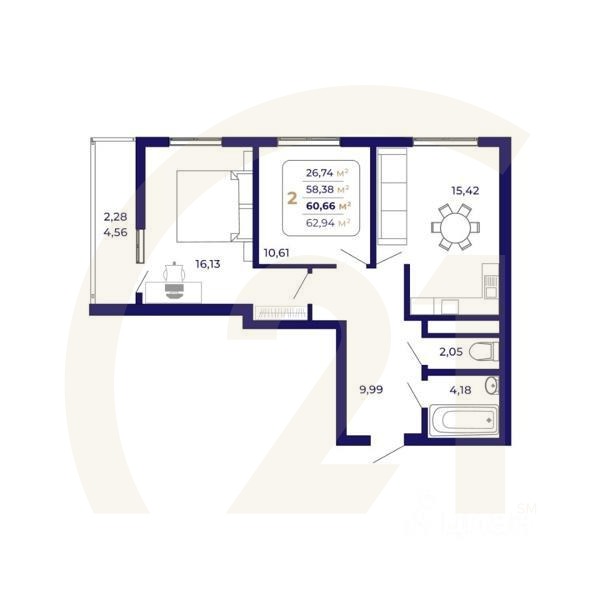 2-комн. квартира, 60,66 м²в ЖК «Паруса»