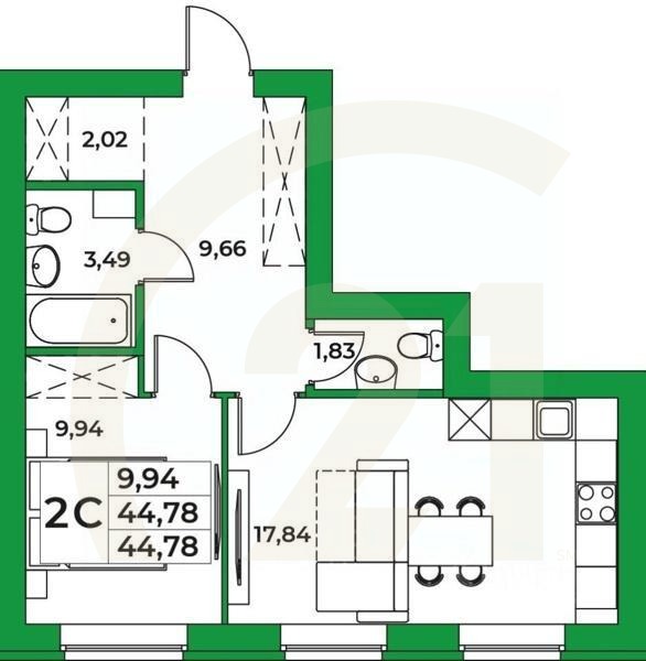 2-комн, 44,78 м²
