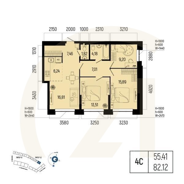 4-комн. квартира, 82,12 м²в ЖК «Новатор»