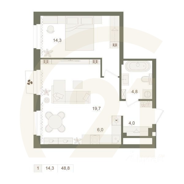 1-комн. квартира, 48,8 м²в ЖК «Квартал «Родина Парк»