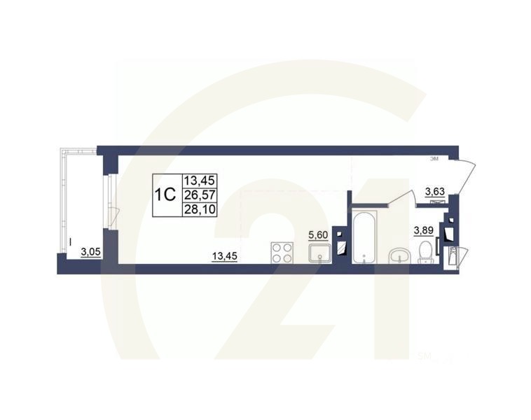 1-комн, 28,1 м²в ЖК «Космос»