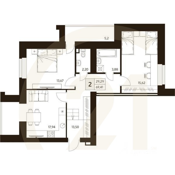 2-комн. квартира, 69,41 м²в ЖК «MATUR»