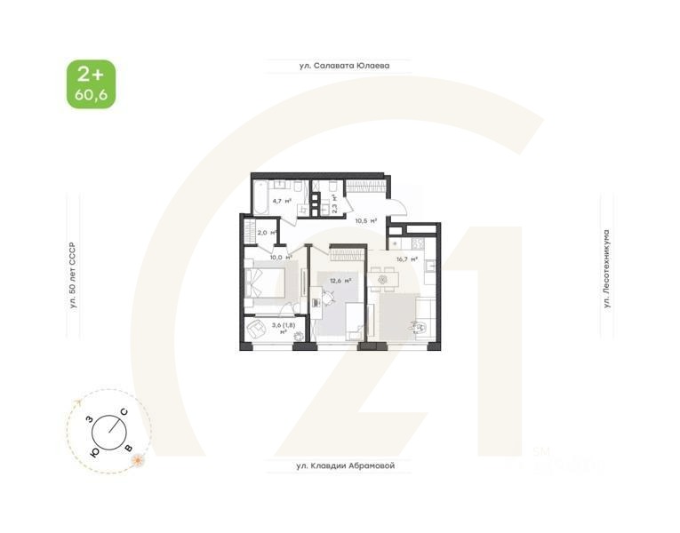 2-комн. квартира, 60,6 м²в ЖК «Бионика Парк»
