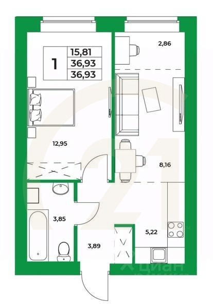 1-комн. квартира, 36,93 м²