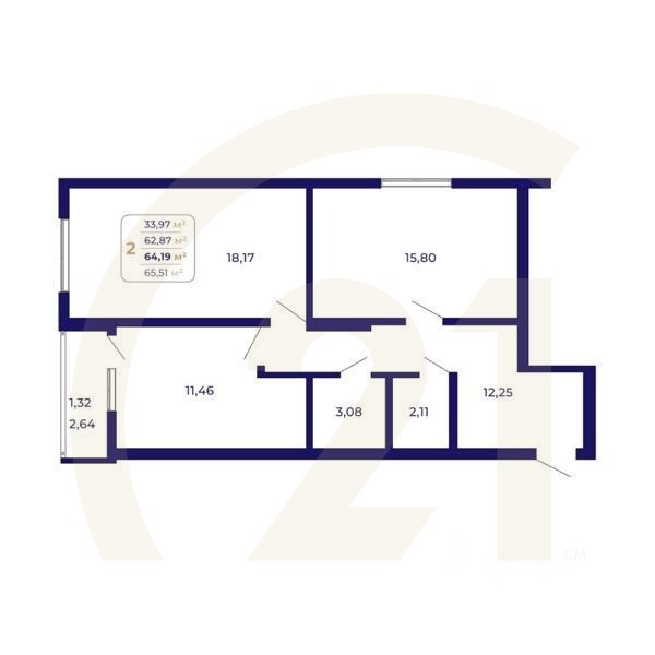 2-комн. квартира, 64,19 м²в ЖК «Паруса»