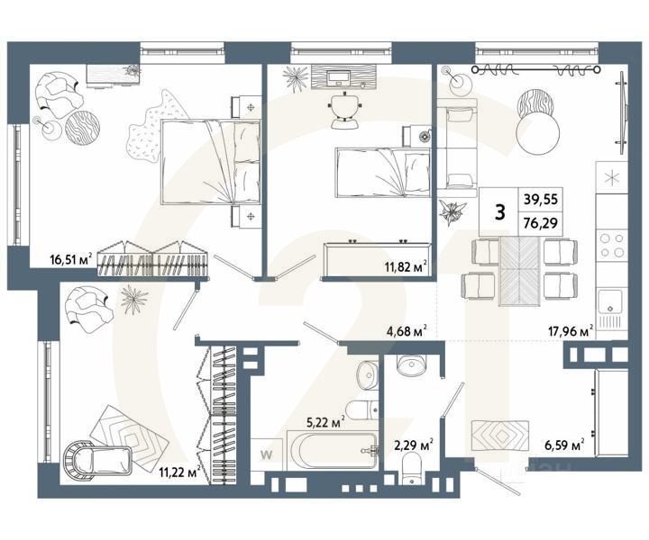 3-комн. квартира, 77,28 м²в ЖК «Крылья»