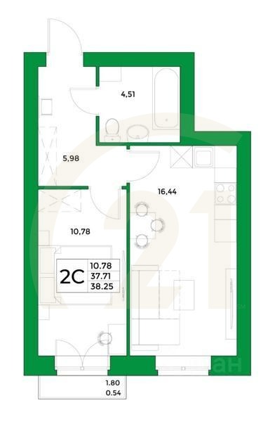 2-комн, 38,25 м²