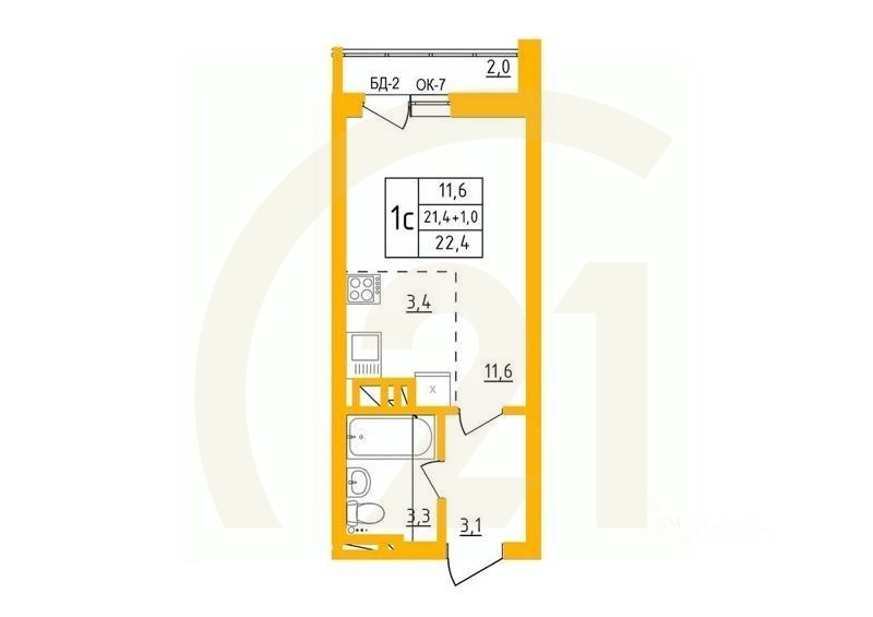 1-комн. квартира, 22,3 м²