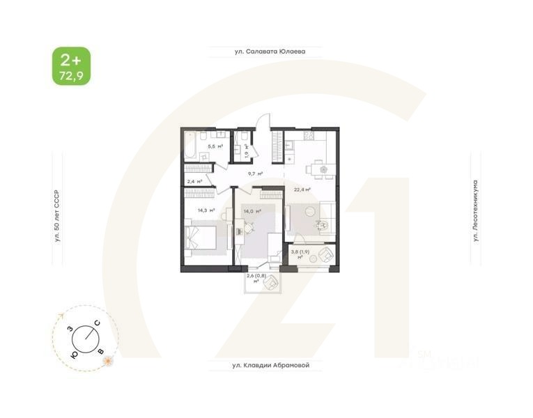 2-комн. квартира, 72,9 м²в ЖК «Бионика Парк»