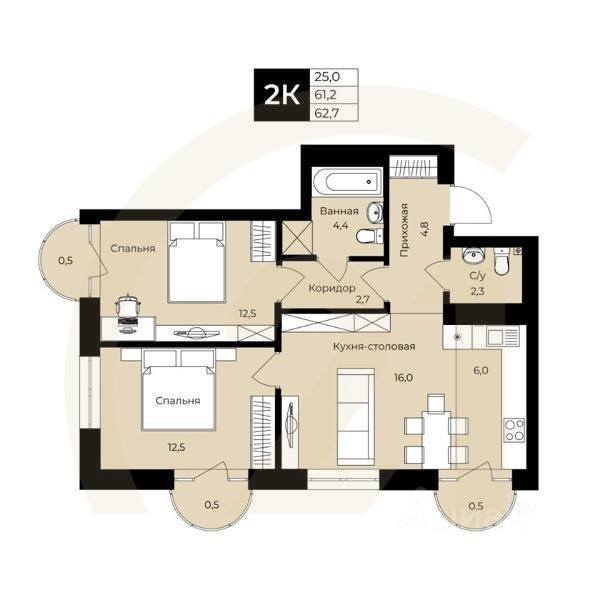 2-комн. квартира, 61,2 м²в ЖК «Ленинские высотки»