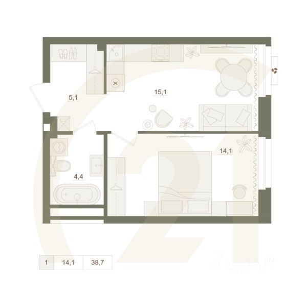 1-комн. квартира, 38,7 м²в ЖК «Квартал «Родина Парк»