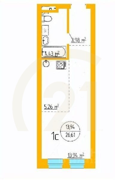Продаются 1-комн. апартаменты, 26,66 м²в ЖК «Аксаковский»