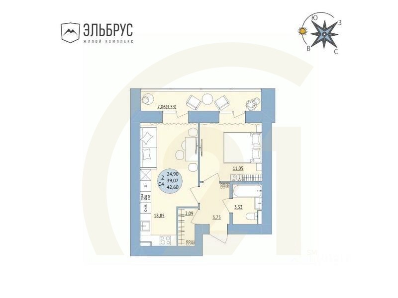 2-комн. квартира, 42,6 м²в ЖК «Эльбрус»