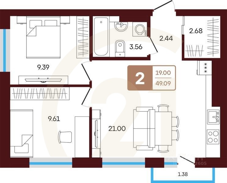 2-комн, 49,09 м²в ЖК «ЯРАТАУ»
