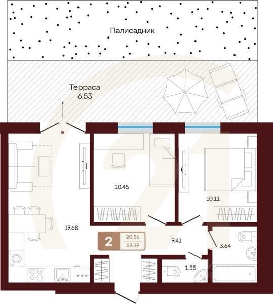 2-комн. квартира, 57,37 м²в ЖК «ЯРАТАУ»