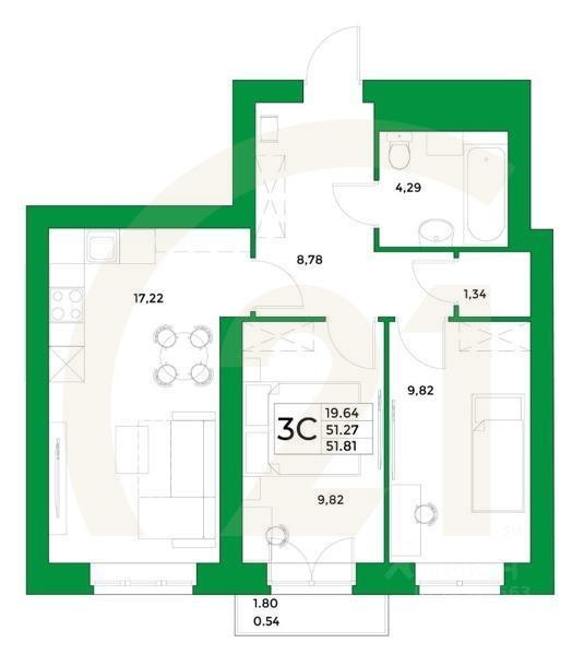 3-комн, 51,81 м²