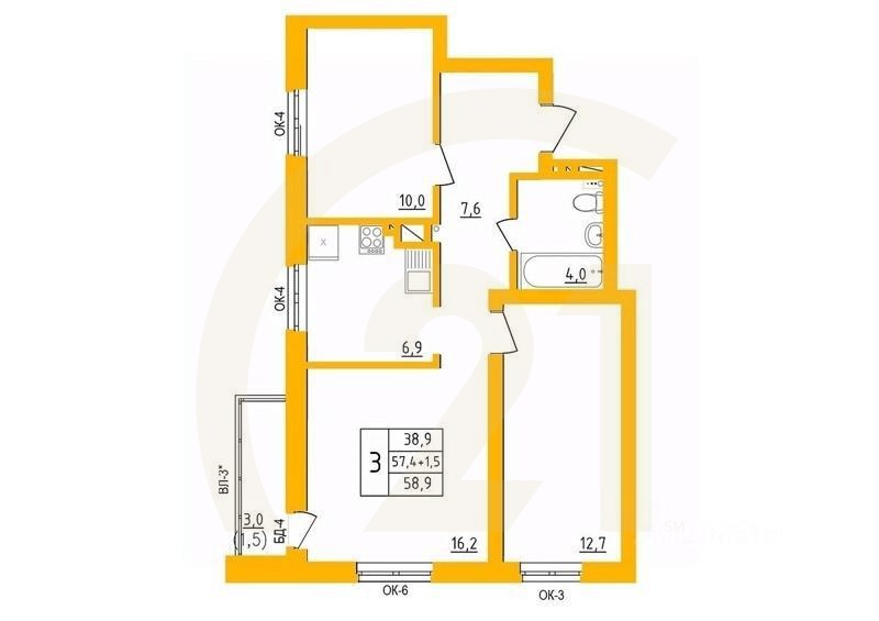 3-комн. квартира, 58,7 м²