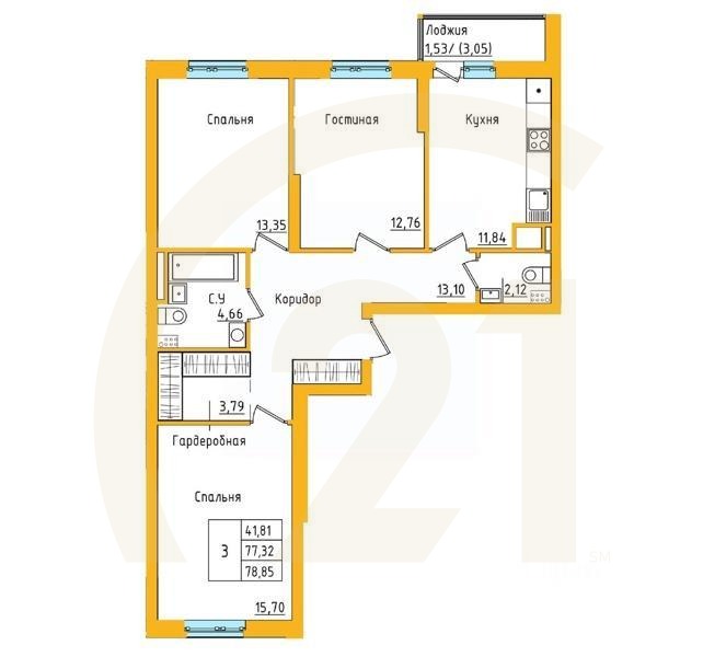 3-комн. квартира, 78,85 м²в ЖК «Акварель»