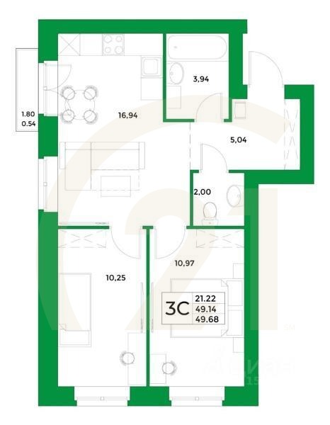 3-комн, 49,68 м²