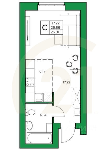 Студия, 26,86 м²